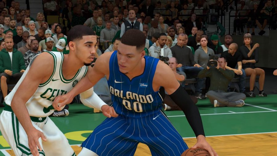 Aaron Gordon and Jayson Tatum battling for post position in NBA 2K19