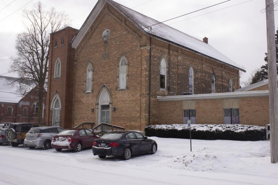 A front view of the church in downtown Grand Ledge. The front of the Building can be seen from West Scott Street.