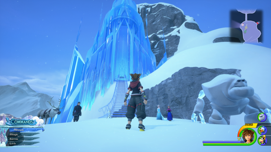 While stuck in Arendelle, Sora fights off the Heartless using his Pirates of the Caribbean keyblade. 