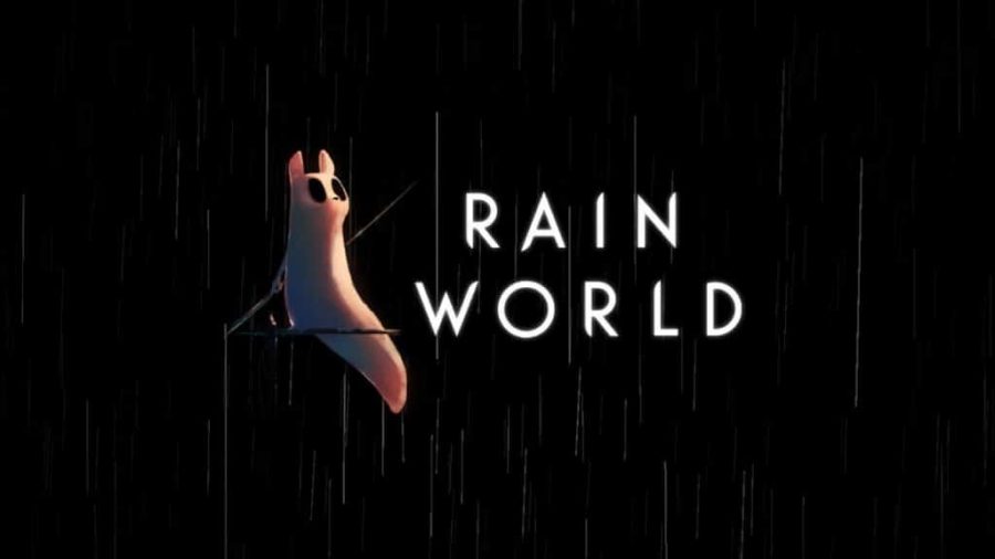 The title screen of Rain World displays the main character right next to the name of the game. This is the screen you see right before the game starts and you choose what file to play.