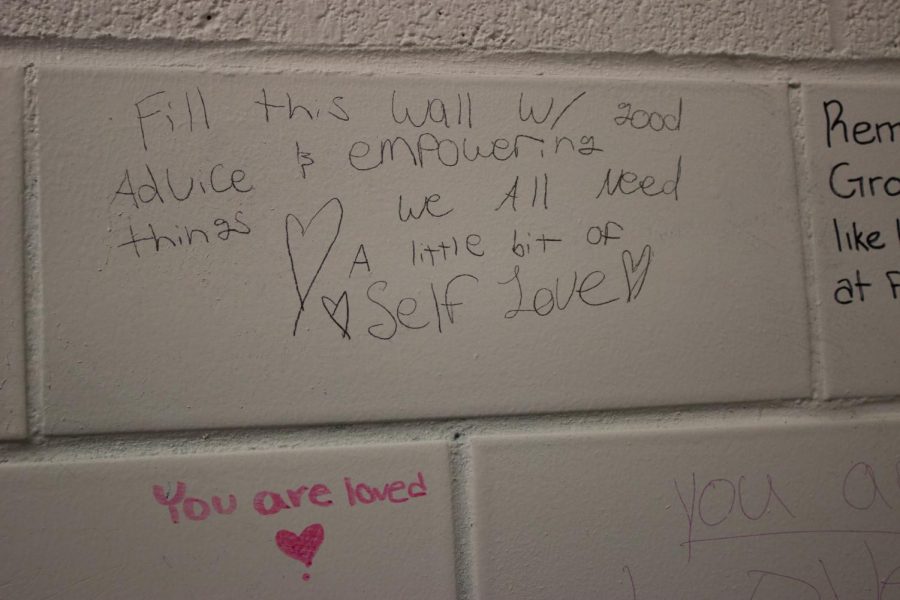 The messages on the walls of several girls bathrooms encourage girls lift each other up with kind messages. 
 After the wall was painted over, students quickly restarted it. 