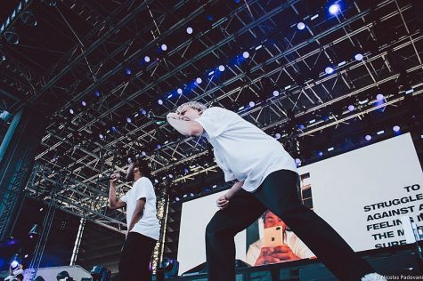 Brockhampton members Kevin Abstract (Left) and Joba (Right) performing live in 2018.