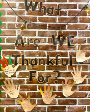 Mrs.Scotts students created hand turkeys to decorate her room for the holiday.