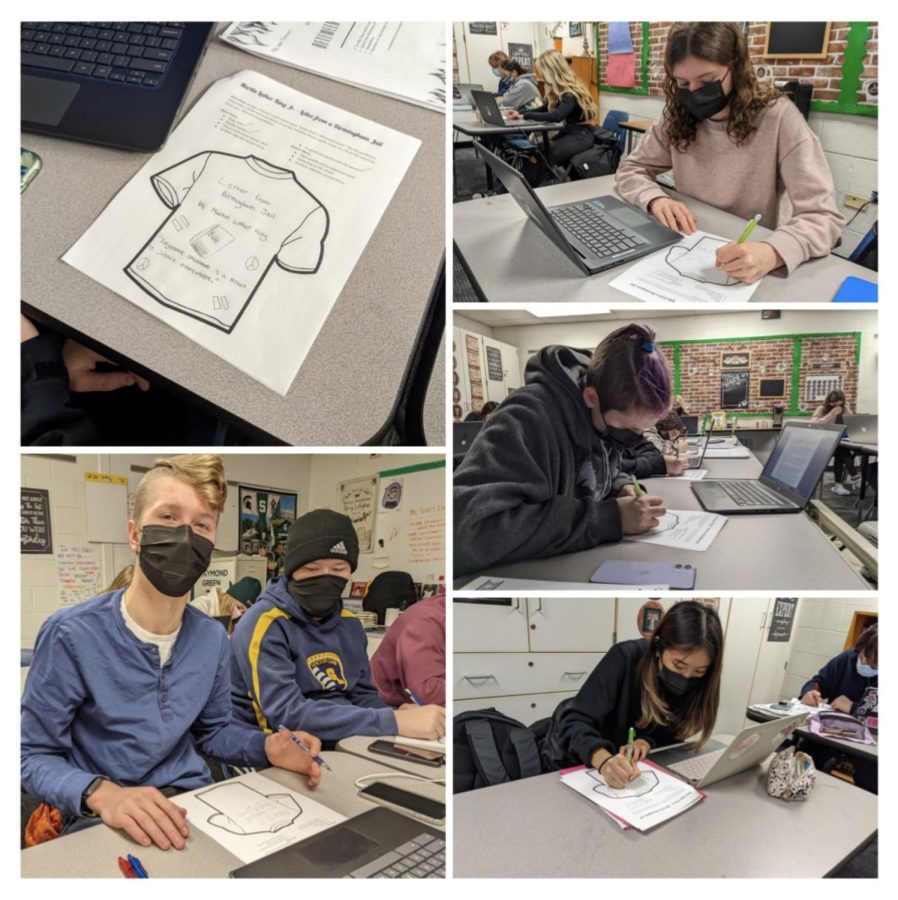 Students in Ms. Scott’s 11th grade English class create T-shirts with quotes from Dr. Martin Luther King Jr.’s “Letter From Birmingham Jail.”The class also had a discussion about protests and how his protests are relevant today.