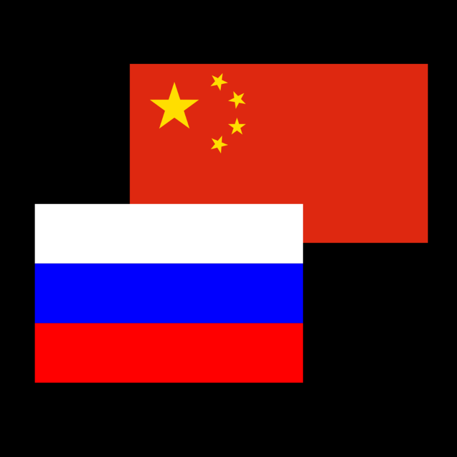 The Russian and Chinese flags. They have been peacefully cooperative for many years.