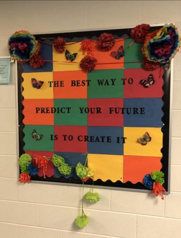 This bulletin board is one of others to support students during their journey towards college. This one, along with others were located around Student Services in the high school.  