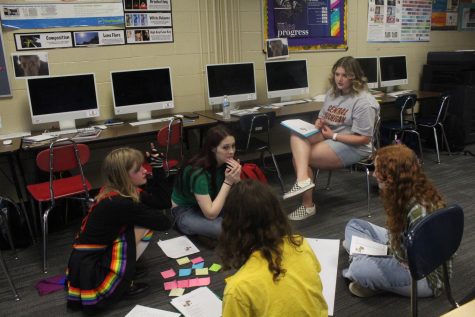 Students analyze poems about queer identify for group discussion. Topics like queer identity are part of the LGBTQA+ Literature and History class.
