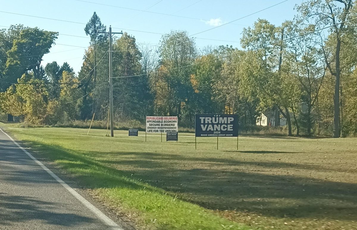 Grand Ledge citizen expresses their political
beliefs with campaign signs in their yard.
This was done in light of the 2024 presidential
election.