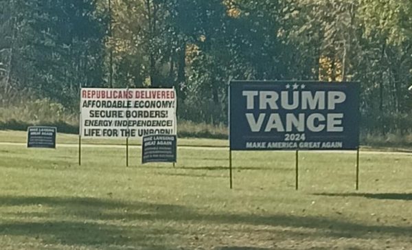 Grand Ledge citizen expresses their political
beliefs with campaign signs in their yard.
This was done in light of the 2024 presidential
election.