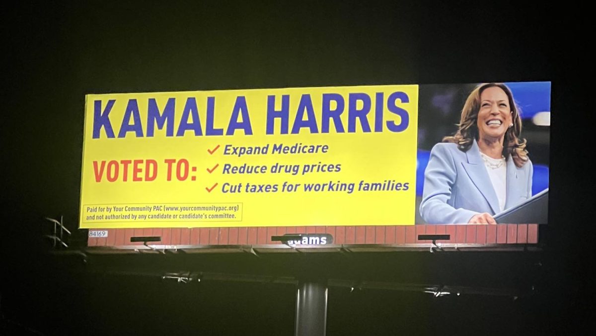 Kamala Harris persuades Michigan voters by advertising her campaign on a billboard. The board included her plans for presidency. 