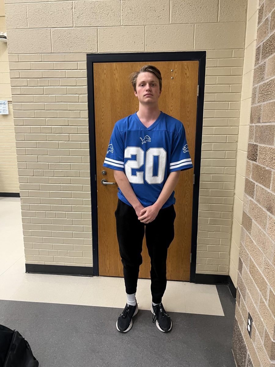 Sam Spegel wears a Lion’s jersey, for wear a jersey day at school. He showed his support for the Lion’s.
