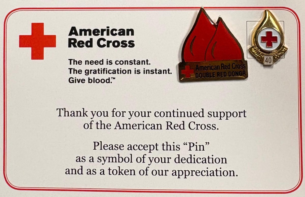 The average person donates 46.5
gallons of blood in their lifetime. Philip Dowker recently donated his 40th gallon of blood at the GLHS drive back in January 2026. Dowker was given this pin shown to the right.