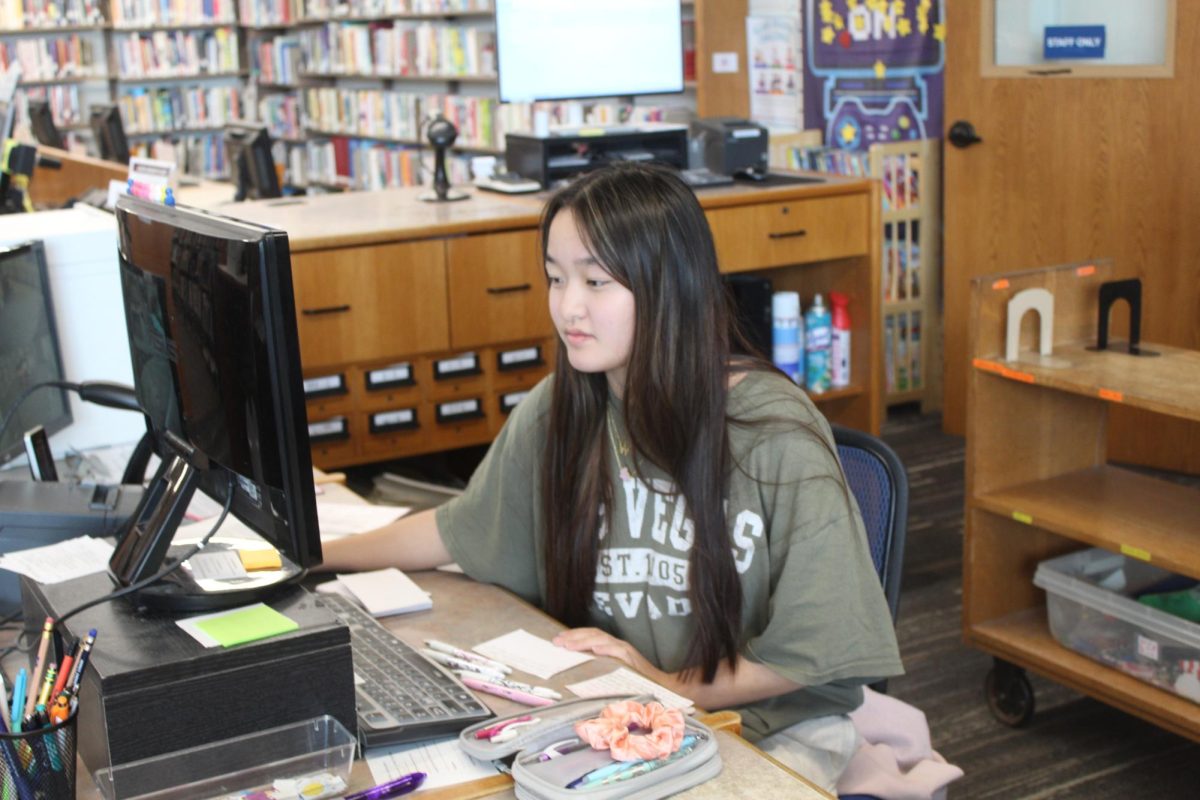Paisley Neff, a worker at the Grand Ledge Area District Library, working at the front desk computer. 
